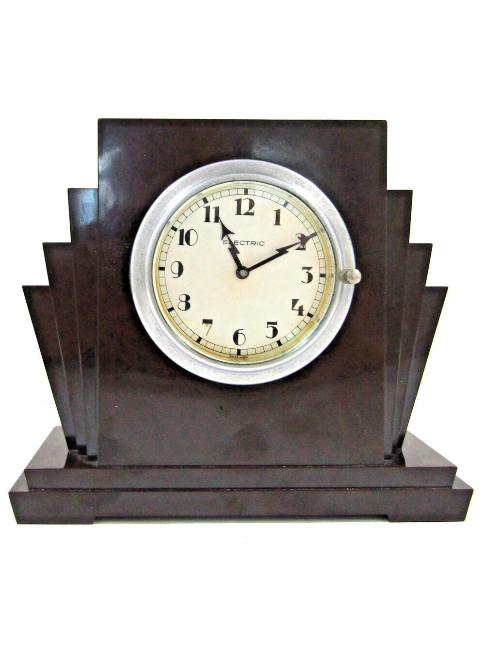 1930s Art Deco Swiss Made Brown Bakelite Desk Clock Golden Arrow Radio Products